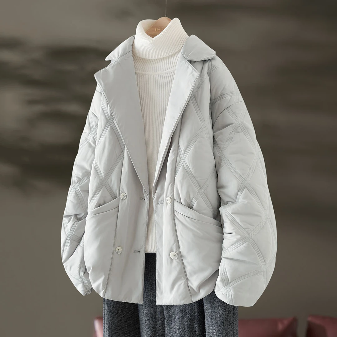 IHIMI/海谧西装领棉服2024冬季保暖菱形格棉服外套小个子外套女款