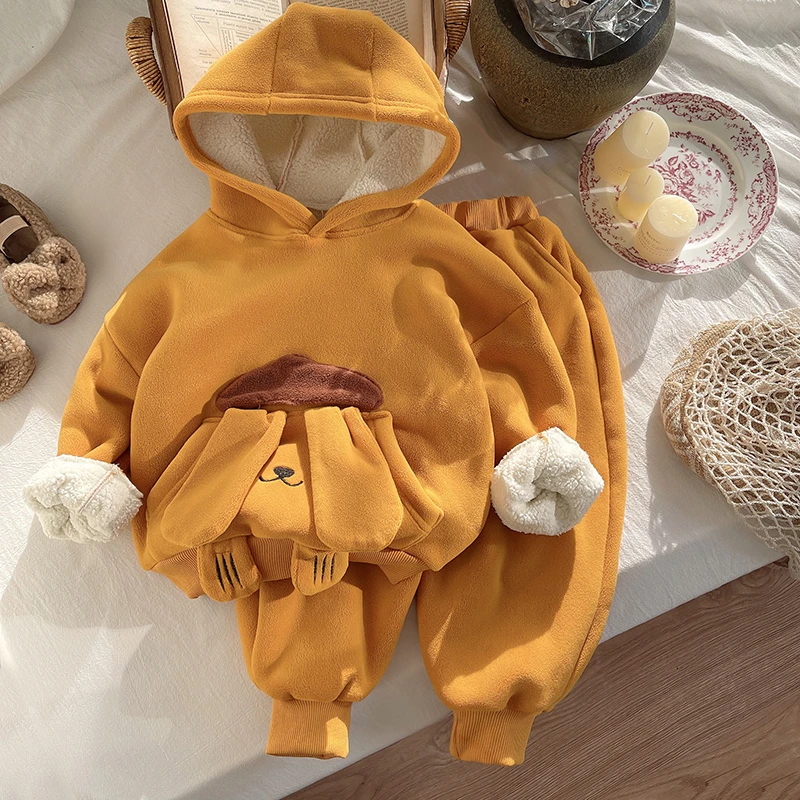 儿童加绒套装冬季新款婴儿卫衣男童宝宝秋冬洋气加厚两件套冬装款