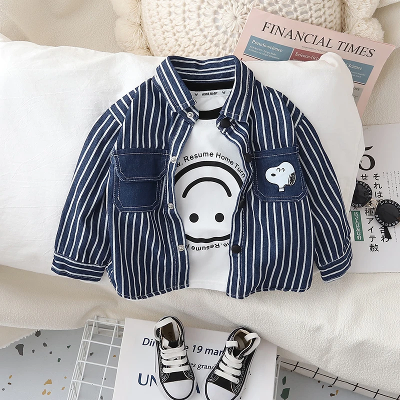 男童衬衫2023宝宝衣服春秋款条纹外套洋气牛仔上衣中小童时髦衬衣