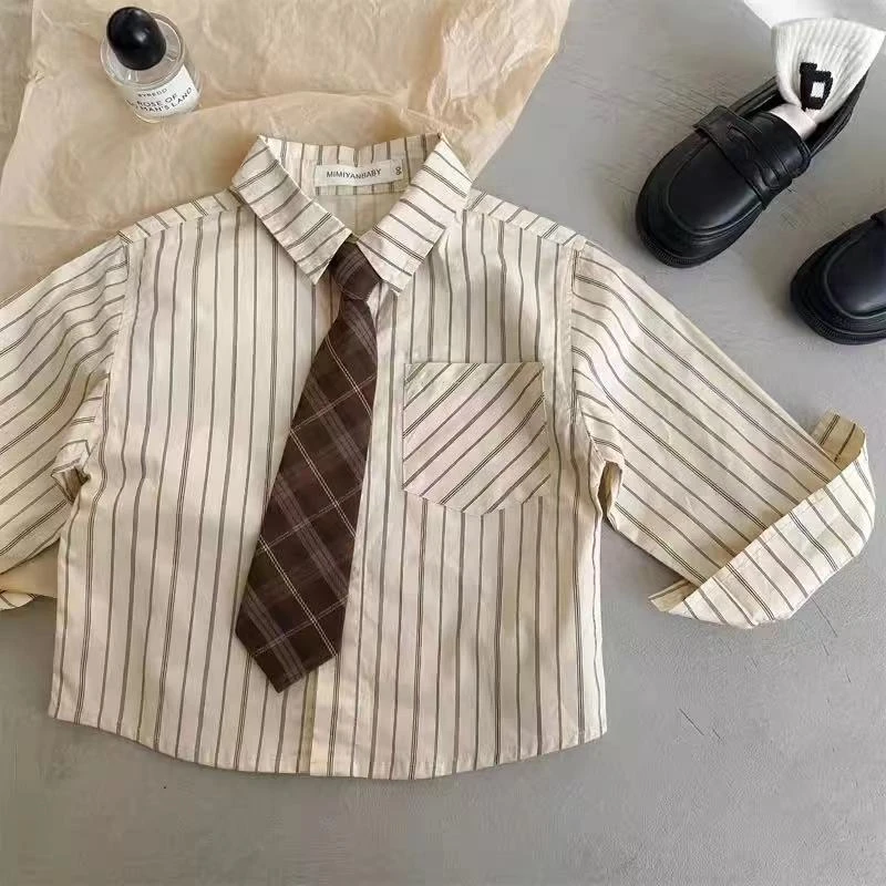 【流浪丹宁】儿童长袖衬衫春季男女童韩版时尚条纹洋气休闲领带衬衣