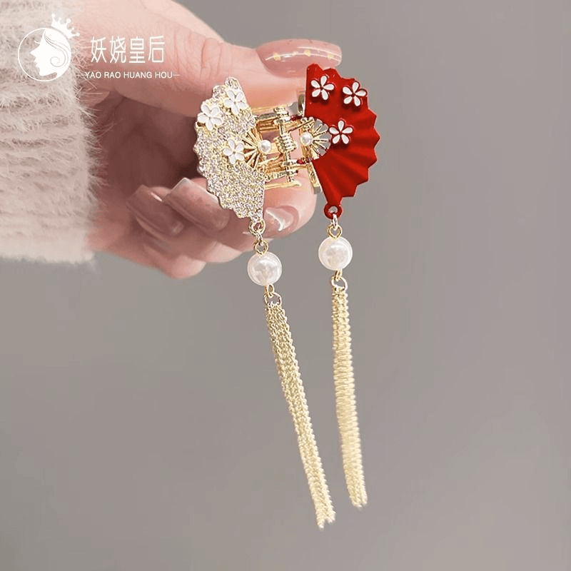 中国风扇子步摇发夹汉服流苏古风抓夹新年红蝴蝶鲨鱼夹盘发发夹女