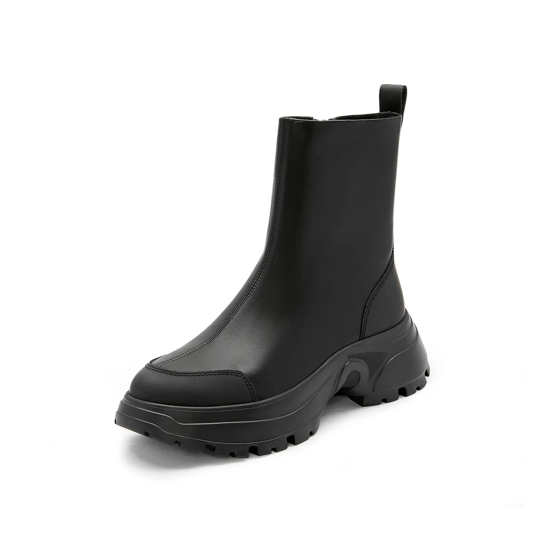 秋季新款时尚百搭熊猫交响厚底增高纯皮短靴