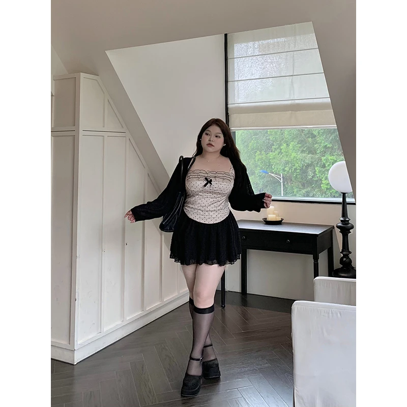 小悦【波点甜心上衣】微胖春夏黑色针织开衫外套女长袖罩衫披肩上衣