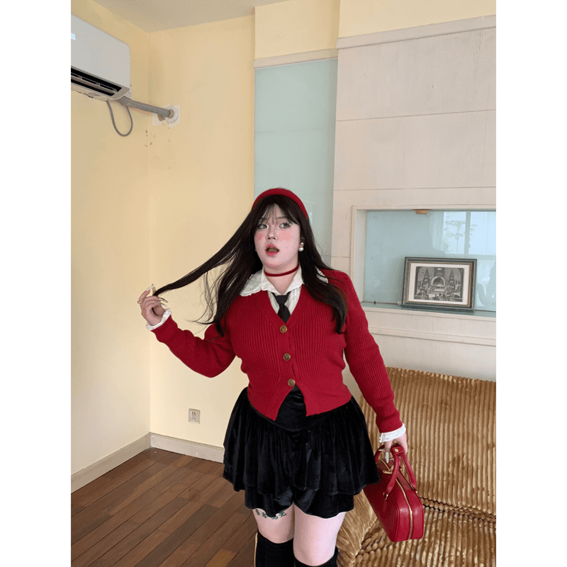 甜崽颖宝【午后红茶】2023春秋新款套装针织衫学院风红色V领毛衣