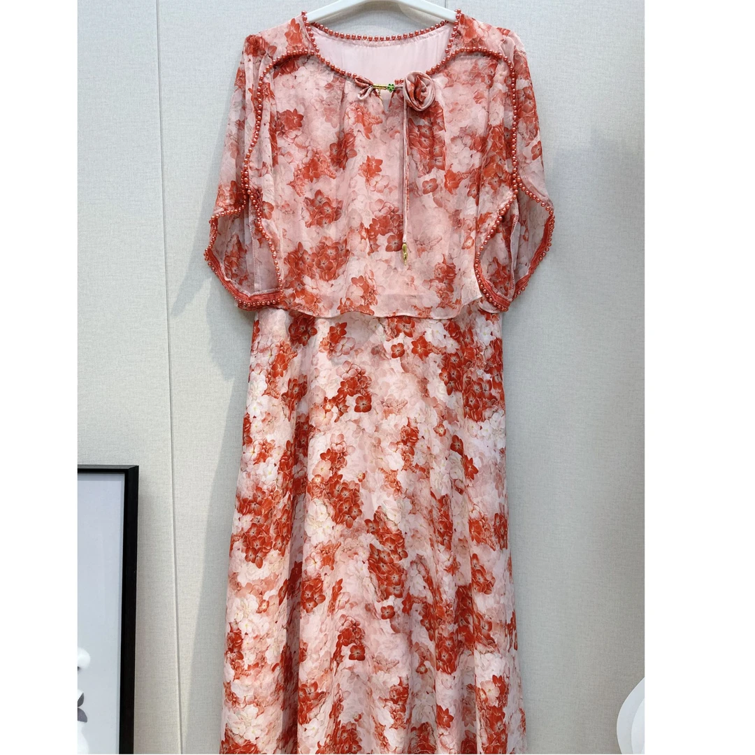 D065夏季新款复古女装裙高级设计感洋气简约时髦优雅假俩件连衣裙