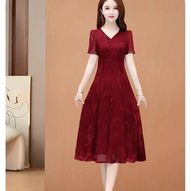 X0115 气质连衣裙女显瘦收腰时尚减龄遮肉休闲V领提花短袖A字裙子