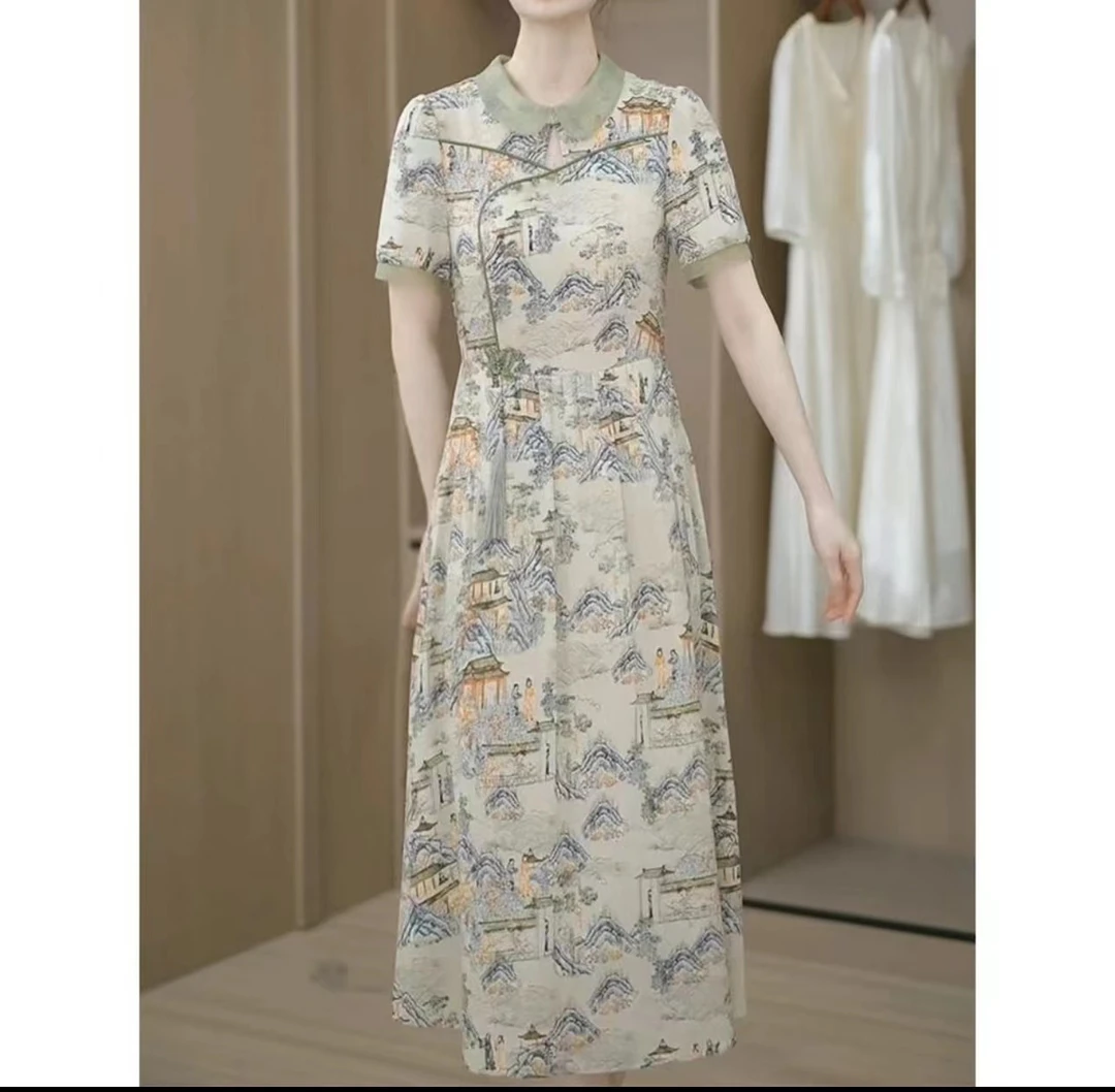 X838 夏季气质连衣裙女显瘦收腰时尚减龄遮肉休闲翻领山水画A字裙