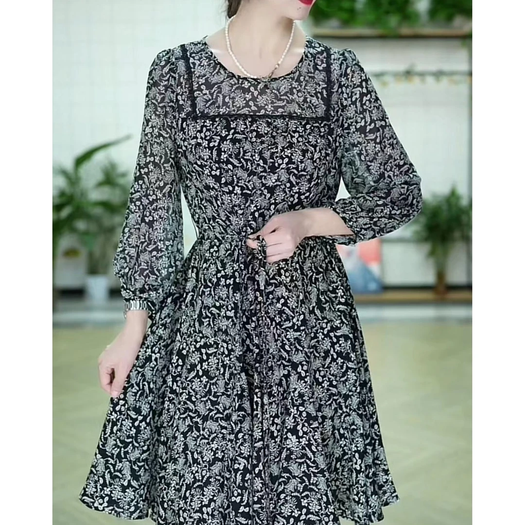 X0113 春秋洋气碎花长袖收腰显瘦气质遮肚高贵时尚法式修身连衣裙