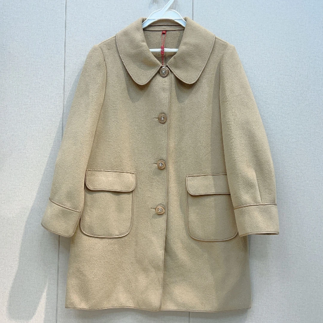 D352双面绒呢子大衣女中长款秋冬季2024年新款娃娃领毛呢外套女