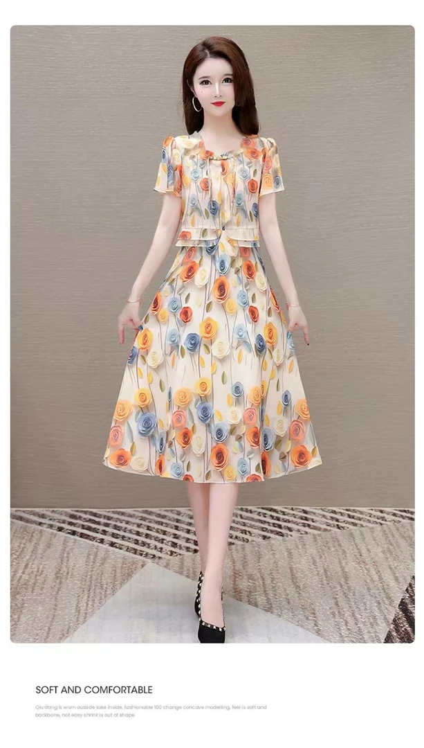 X865 夏季气质连衣裙女显瘦收腰时尚减龄遮肉休闲假两件花色A字裙