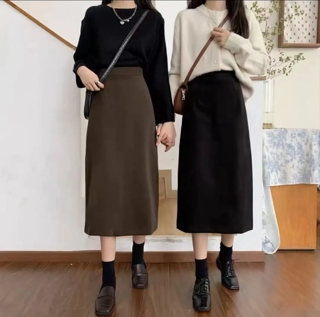 秋冬季高腰显瘦开叉百搭中长款裙子高腰包臀加厚A字半身裙