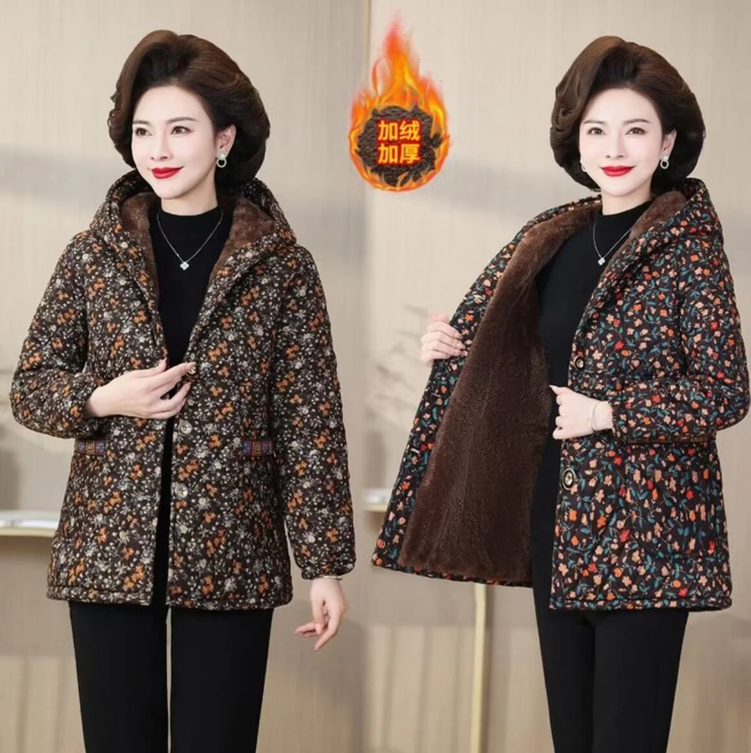 洋气妈妈装外套连帽加绒碎花保暖冬季新款休闲大码中老年棉衣女士