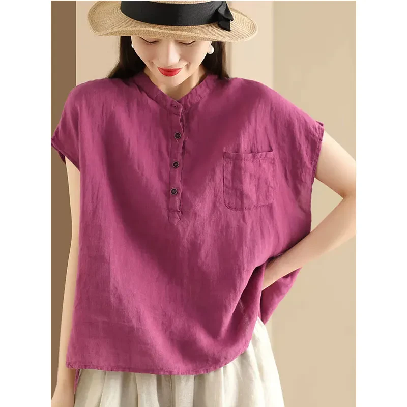 【广州微姐】新款细腻法国雨露亚麻棉衬衣气质立领短袖宽松衬衫上衣