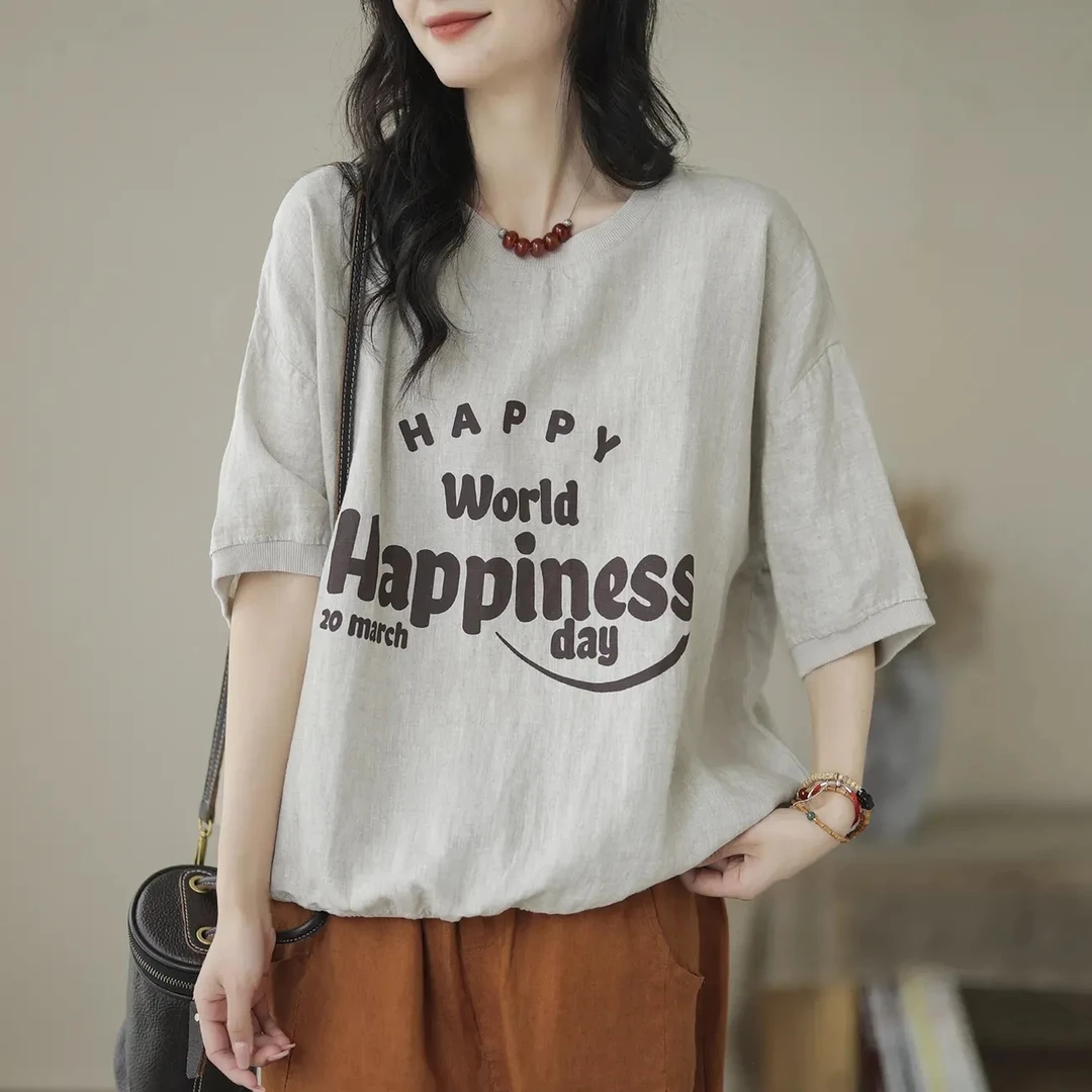 文艺休闲亚麻棉女上衣显瘦复古半袖洋气时尚遮肚子女装短袖T恤女T