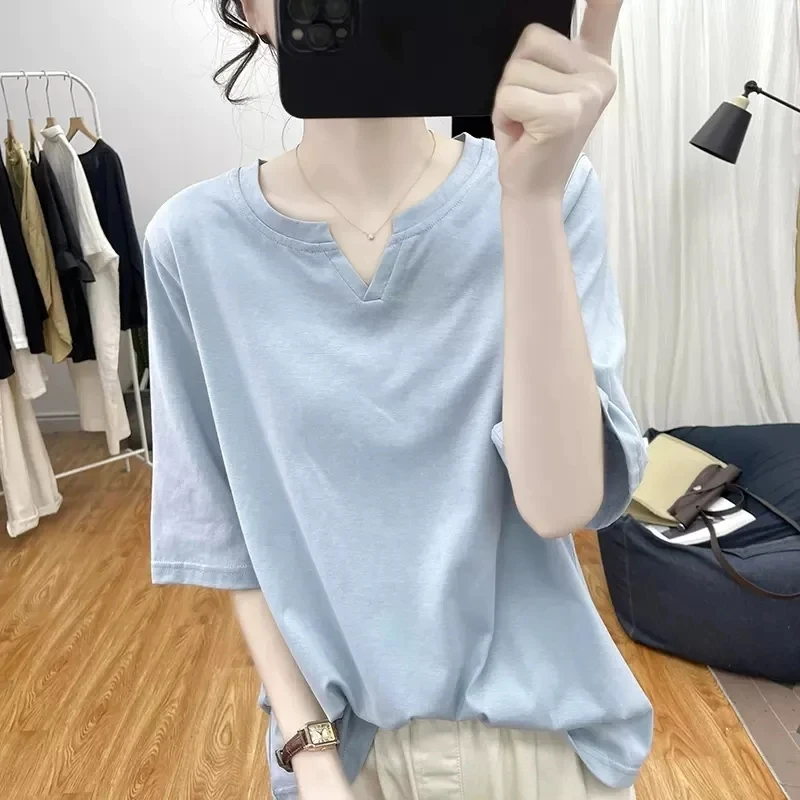 夏装韩系设计感开叉宽松小V领短袖T恤女夏上衣2025新款半袖体恤