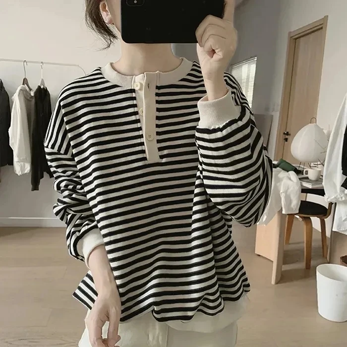 纯棉条纹卫衣外套女式女款新款宽松显瘦减龄小众设计感套头春秋女
