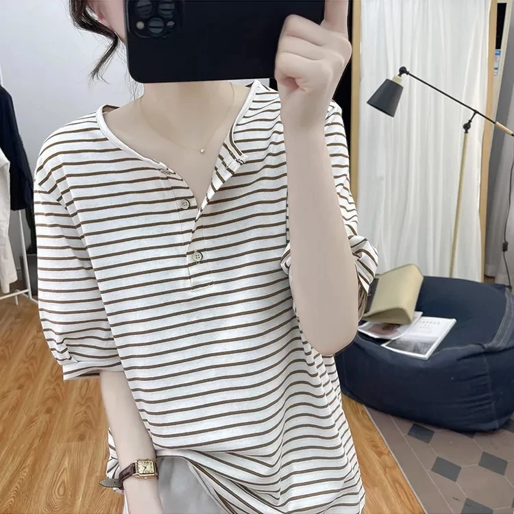 纯棉灯笼袖条纹ol短袖T恤女2024夏圆领宽松纽扣上衣复古半袖洋气