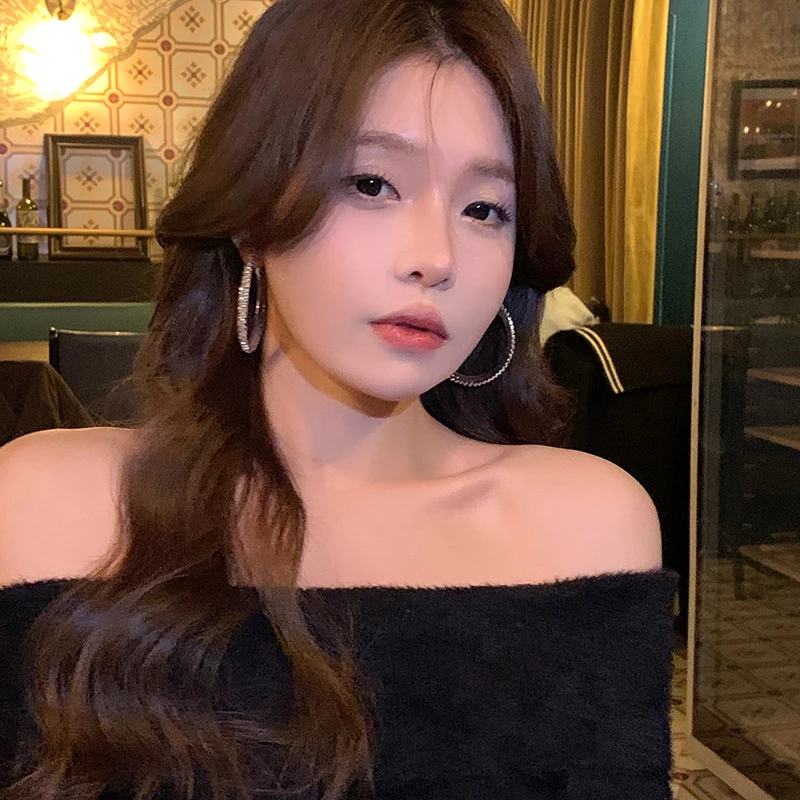 铁合金耳饰 双排水钻满钻耳圈女欧美气质百搭大耳环素圈圈耳饰