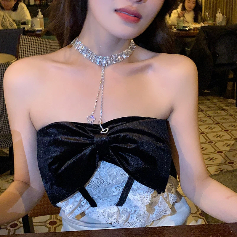 铜合金项链 满钻宽边项链欧美气质夸张爱心长流苏颈链晚宴锁骨链