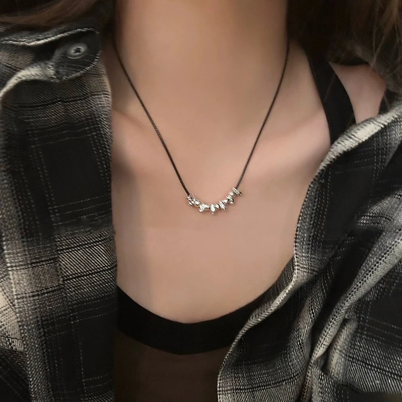 铜合金皮质项链 黑绳碎银子项链简约百搭锁骨链小众设计颈链