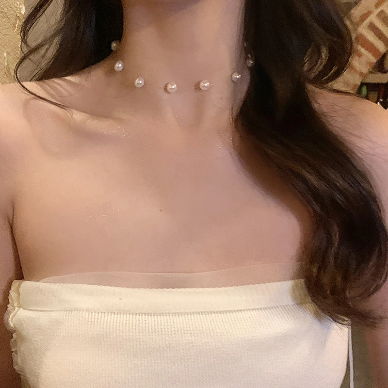 非金属仿珍珠项链 温柔气质满天星项链隐形鱼线choker锁骨链项圈