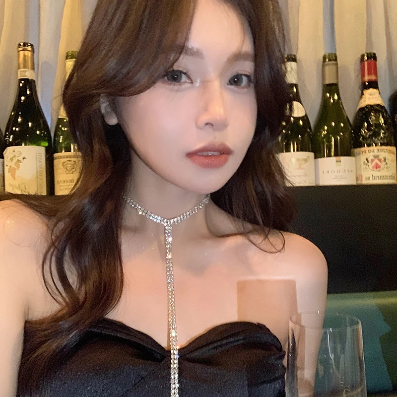 合金项链 欧美轻奢满钻T型长流苏项链高级感小众叠戴锁骨链颈链
