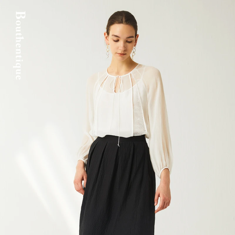 Bouthentique【璞凡缇】高级感拼接蕾丝白色长袖上衣223241F1S18