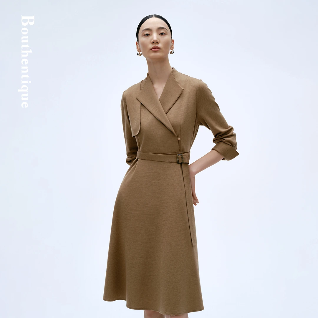 Bouthentique羊毛针织腰部腰带设计长袖连衣裙224111D1M11