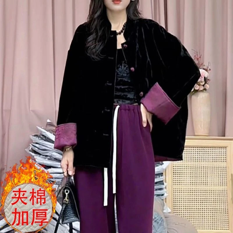 新款冬季女款棉衣外套时尚洋气丝绒棉衣保暖百搭中式国风外套棉衣