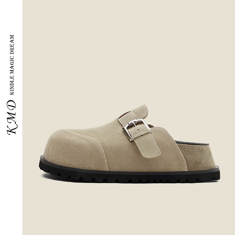KMDSHOES厚底夏季圆头时尚真皮勃肯鞋女休闲舒适包头复古软底拖鞋