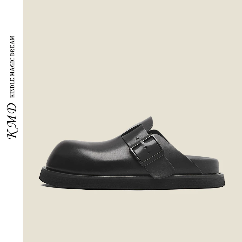 KMDSHOES2025夏季软底时尚百搭厚底真皮外穿圆头博肯包头拖鞋女