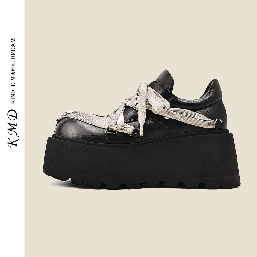 KMD SHOES2024DB秋季新款厚底小皮鞋女绑带松糕底鞋小个子