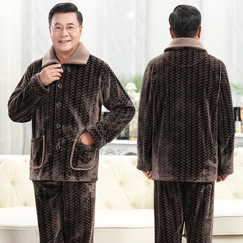 中老年人珊瑚绒睡衣男士秋冬款加厚加绒法兰绒中年爸爸家居服套装