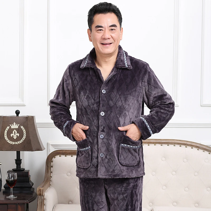 男士睡衣秋冬季中老年人珊瑚绒加厚加绒中年爸爸法兰绒家居服套装