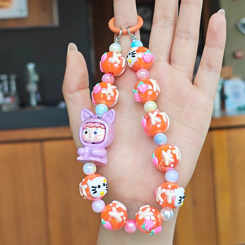 马卡龙色彩甜心萌妹手机链卡通手绘串珠甜心鹏立麟挂饰手机挂件