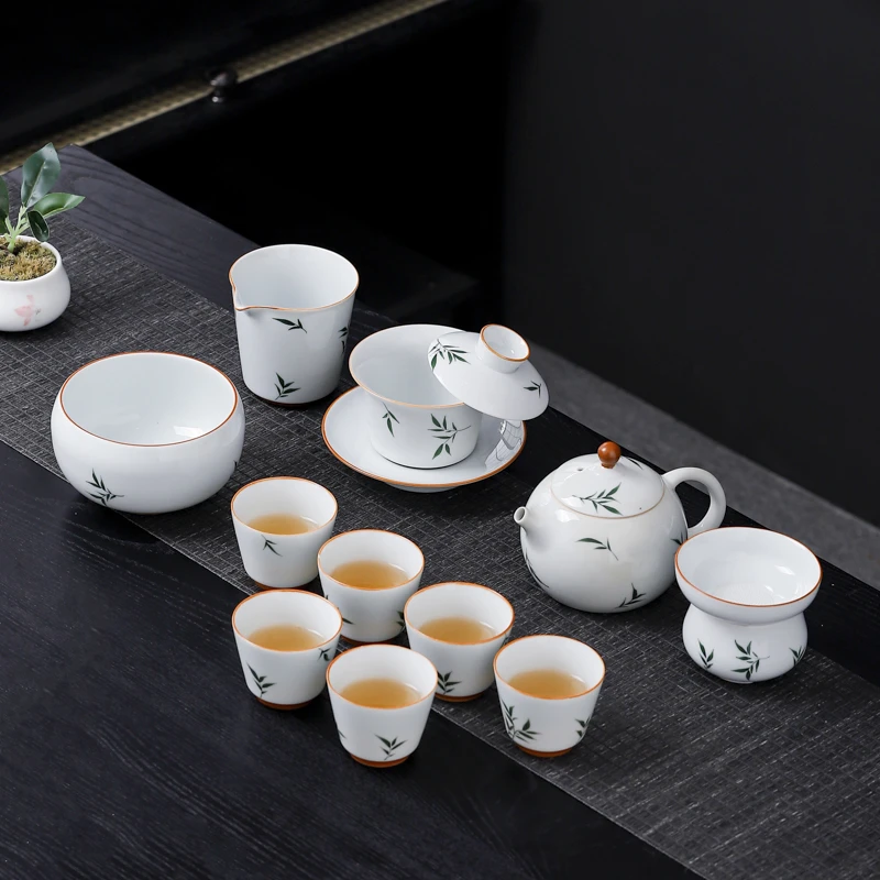 手绘竹子白瓷功夫高档大号茶具套装送礼礼盒装中式青花瓷陶瓷茶艺