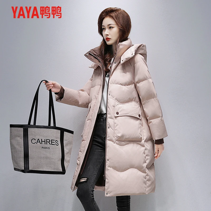 YAYA/鸭鸭羽绒服女中长款2023年新款时尚保暖过膝百搭连帽外套