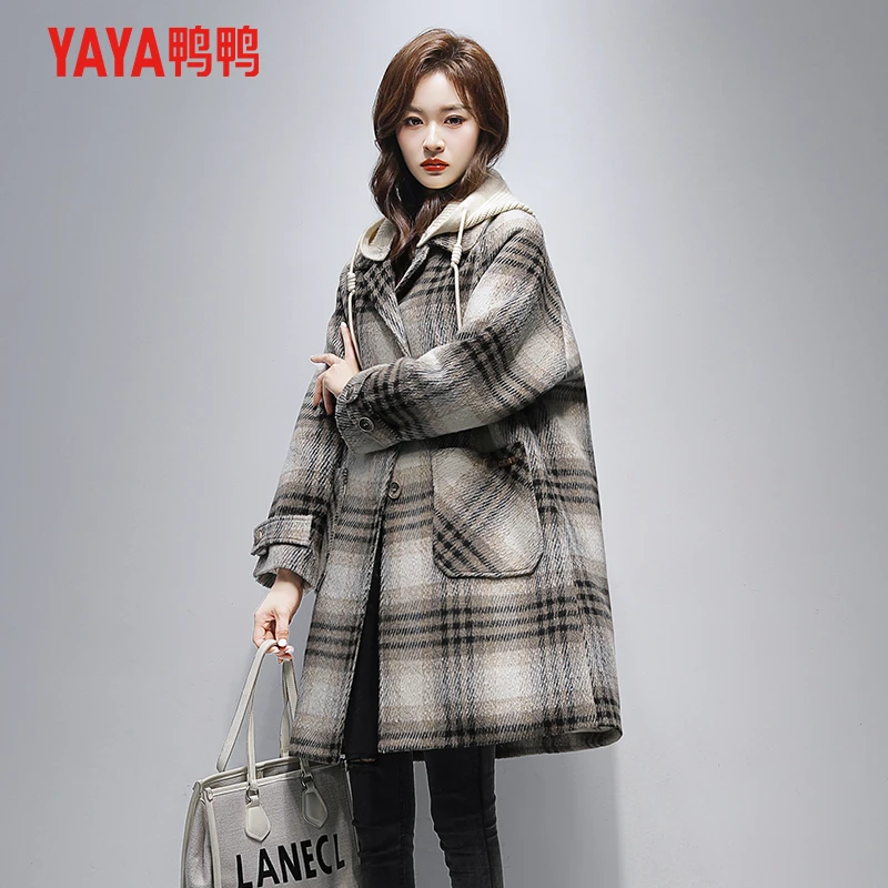 YAYA/鸭鸭大衣羽绒服女中长款2024冬季新款时尚潮流百搭外套连帽