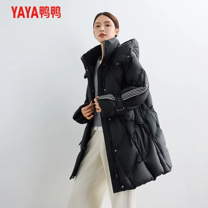 YAYA/鸭鸭羽绒服女中长款2024冬季新款时尚潮流百搭立领外套女