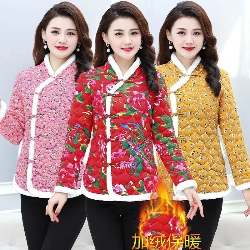 棉服外套女装妈妈装加绒加厚民族风保暖中老年复古国风秋冬加厚款
