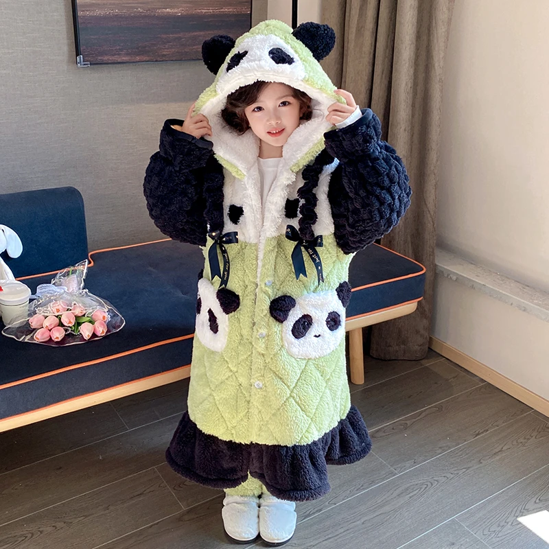 儿童睡衣套装冬季加厚款睡袍三层夹棉女童小孩珊瑚绒法兰绒家居服