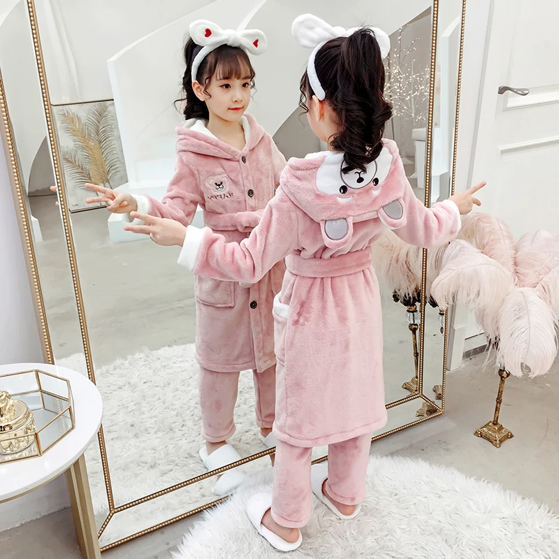 儿童睡衣珊瑚绒秋冬季加厚款浴袍绣花法兰绒女童睡袍公主小孩套装