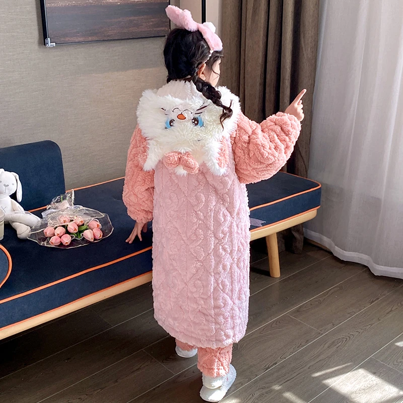 加绒睡衣套装冬季加厚款外穿三层夹棉女童浴袍珊瑚绒法兰绒家居服