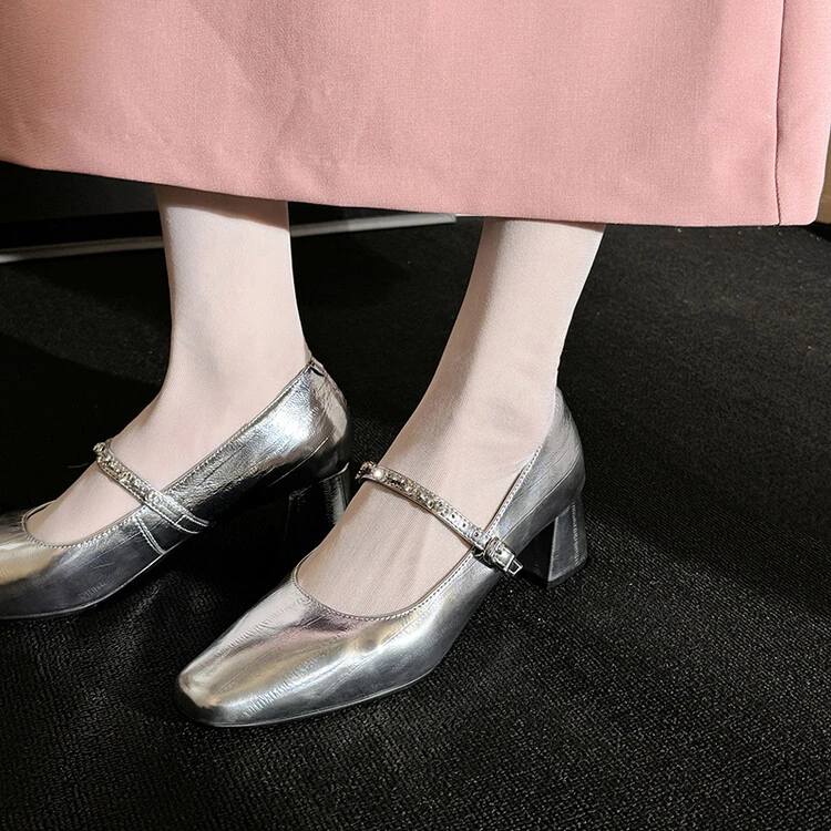 NianGaoXJ【羊皮】跟5厘米浅口单鞋女百搭软底小皮鞋粗跟方头玛丽珍