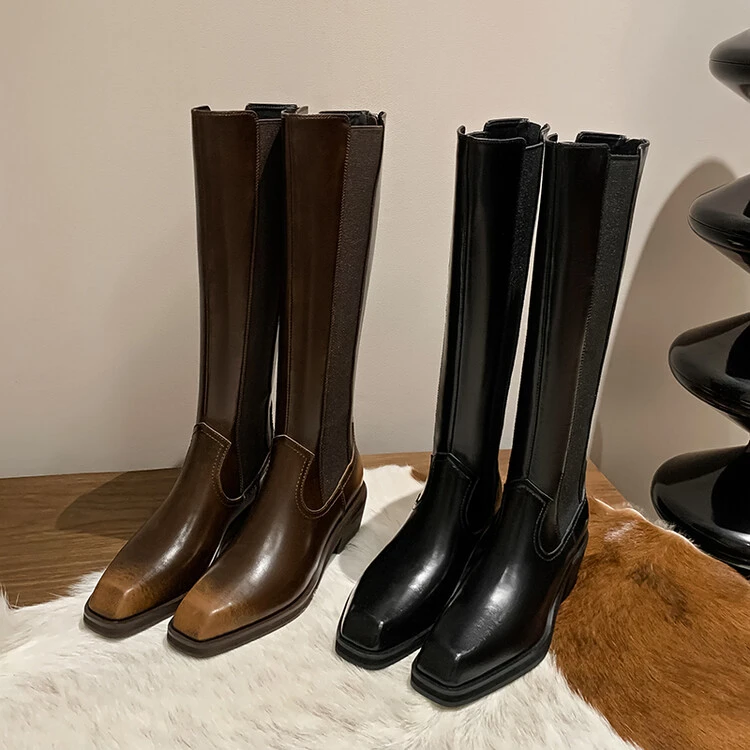 NianGaoXJ【牛皮】跟高5.5cm辣妹日常出行街头百搭简约方头高筒长靴