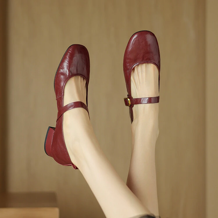 NianGaoXJ【羊皮】跟高3cm新款圆头浅口中粗跟一字扣带玛丽珍单鞋