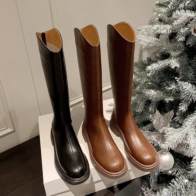 NianGaoXJ【牛皮】跟高3厘米高筒靴真皮骑士靴粗跟厚底秋百搭冬季