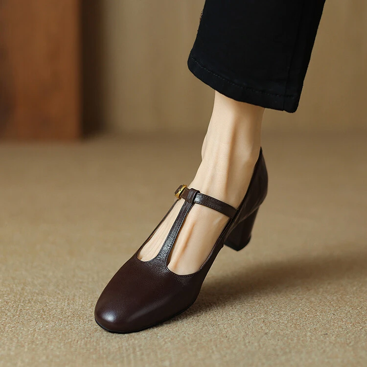 NianGaoXJ【羊皮】跟5.5厘米百搭休闲鞋气质通勤鞋粗跟浅口玛丽珍鞋