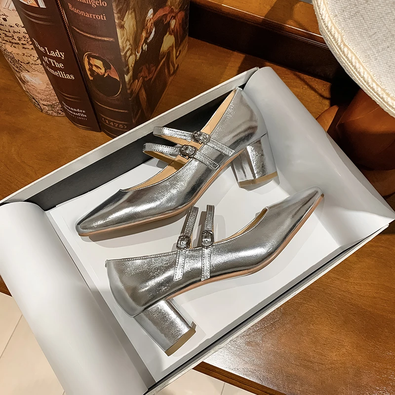 NianGaoXJ【牛皮】跟高5厘米百搭真皮软底奶奶鞋方头浅口单鞋女