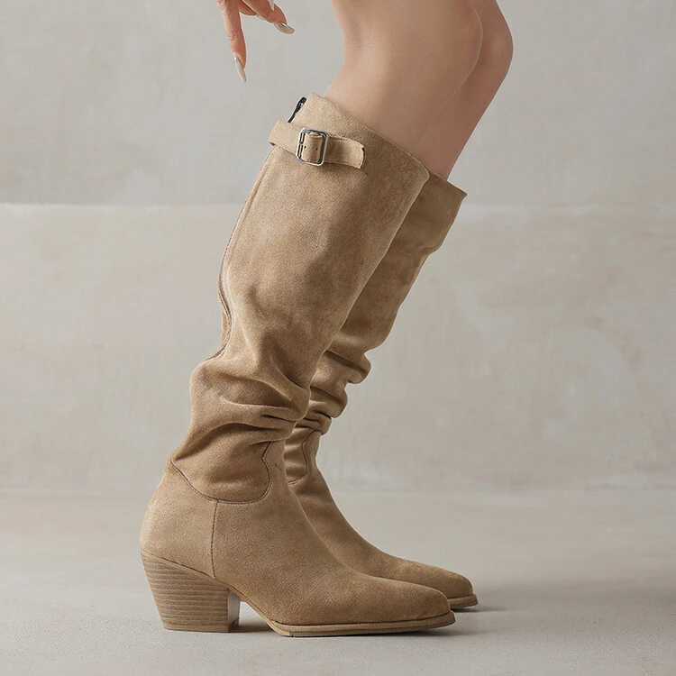 NianGaoXJ【真皮绒】跟高6.5cm粗跟百搭骑士靴子个性潮流高筒靴长靴